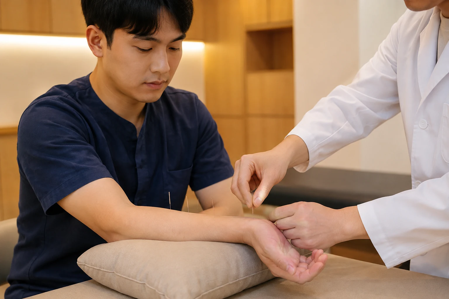 골절 후 재활 환자의 증상 부위를 실제로 치료하는 한국인 중심 한의원 임상 장면