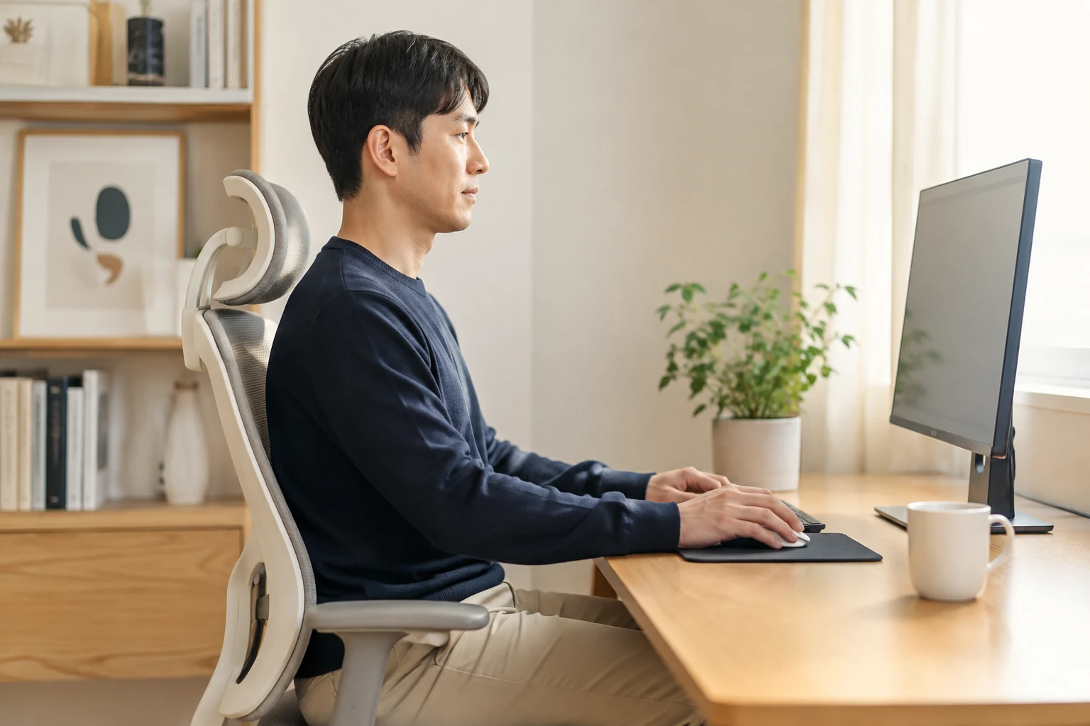등 근막통증증후군 증상이 호전되어 일상 활동을 편안히 이어가는 한국인 환자의 생활 장면