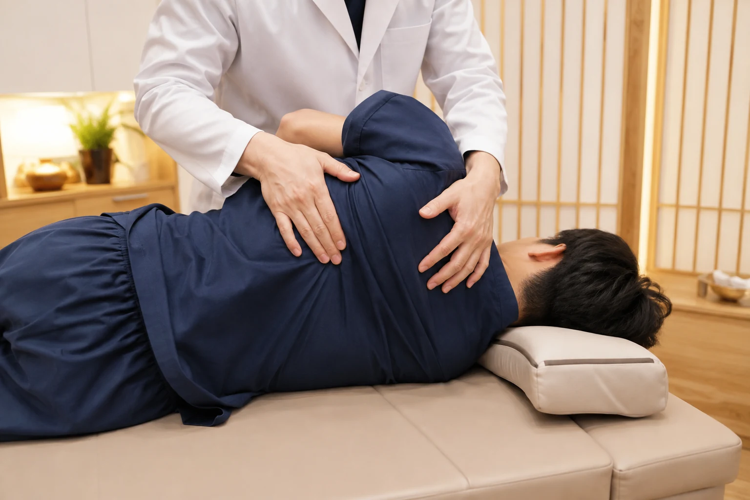 흉추통증 환자의 증상 부위를 실제로 치료하는 한국인 중심 한의원 임상 장면