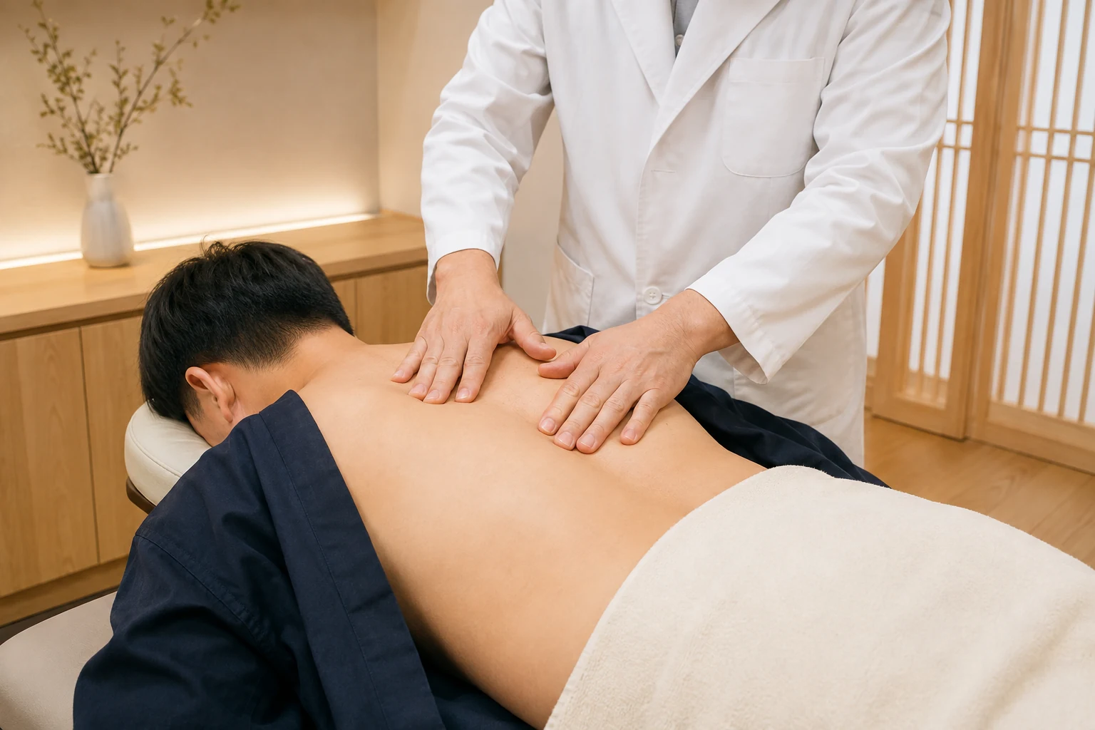 등 통증 환자의 증상 부위를 실제로 치료하는 한국인 중심 한의원 임상 장면