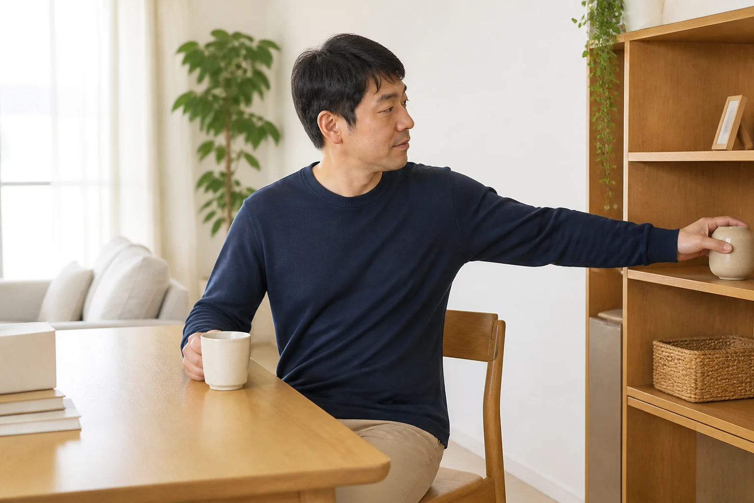등 통증 증상이 호전되어 일상 활동을 편안히 이어가는 한국인 환자의 생활 장면