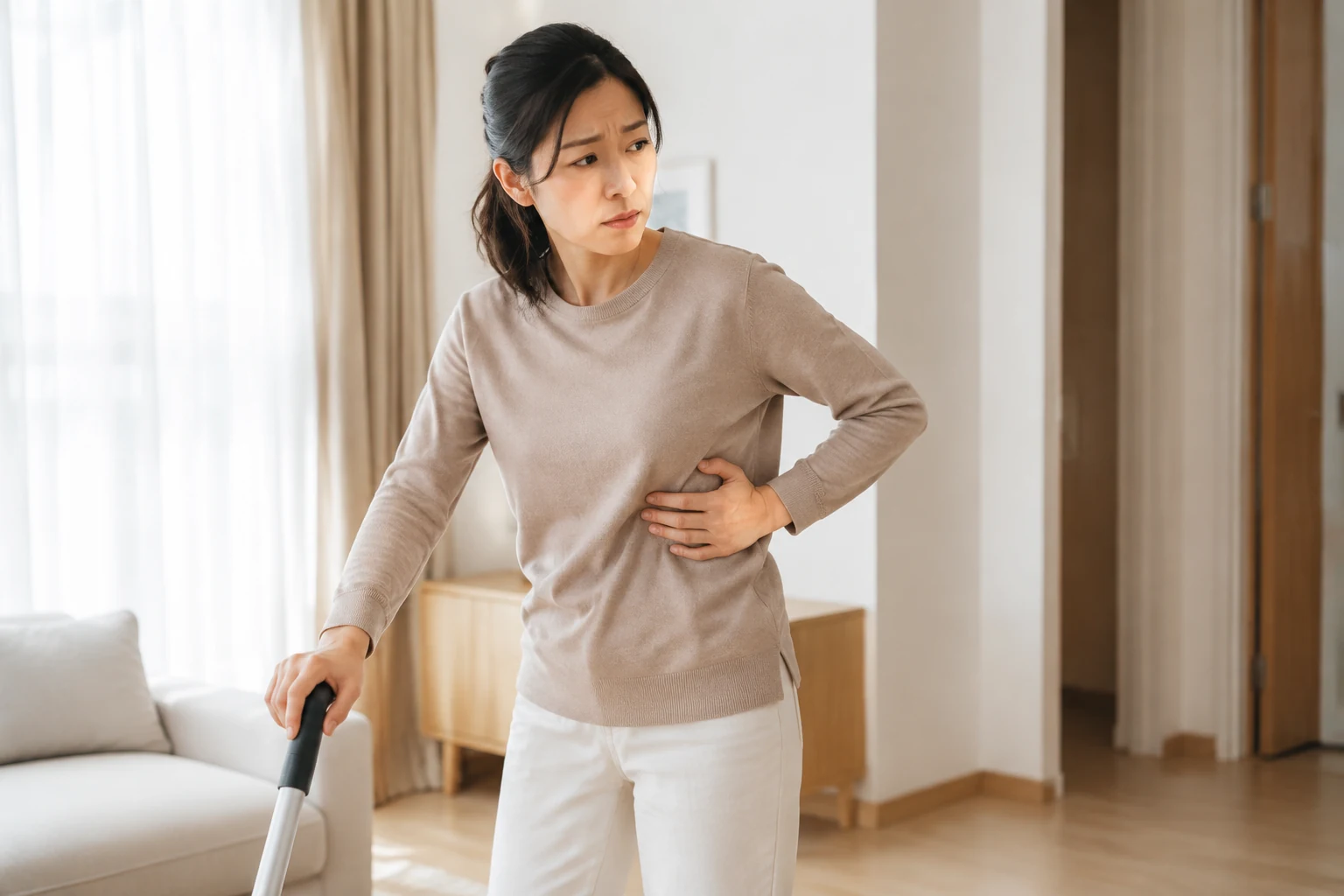 늑간신경통 증상 때문에 일상 동작을 멈춘 한국인 환자의 생활 장면