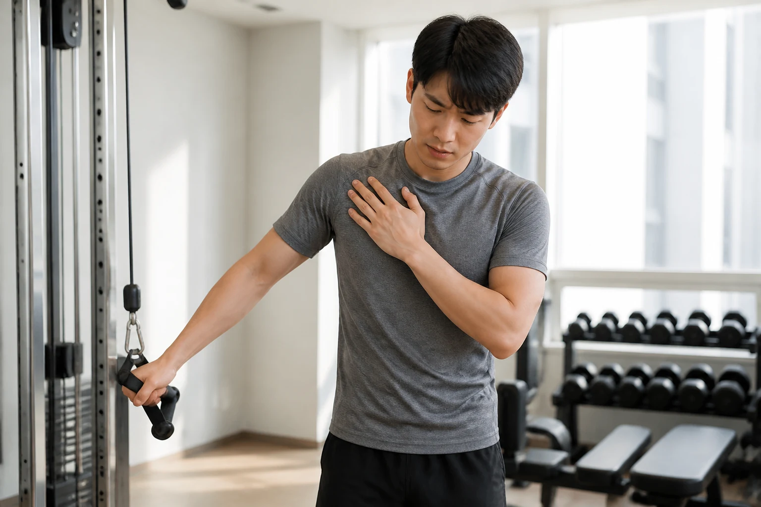 대흉근통증 증상 때문에 일상 동작을 멈춘 한국인 환자의 생활 장면
