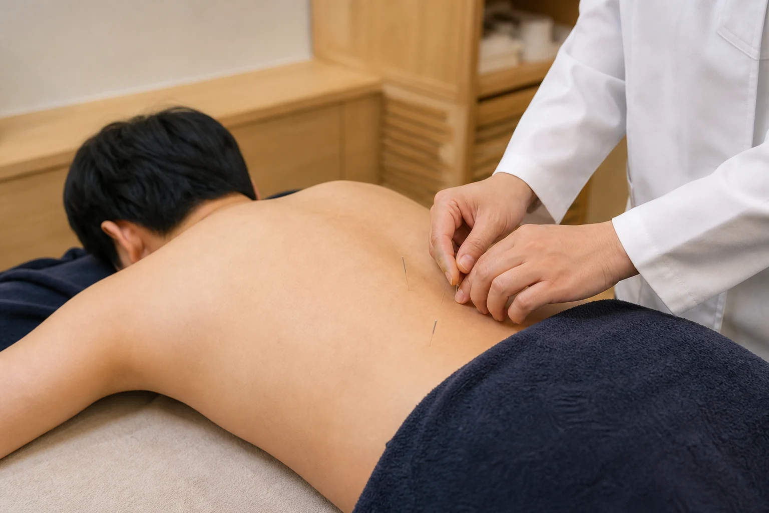 허리디스크 환자의 증상 부위를 실제로 치료하는 한국인 중심 한의원 임상 장면