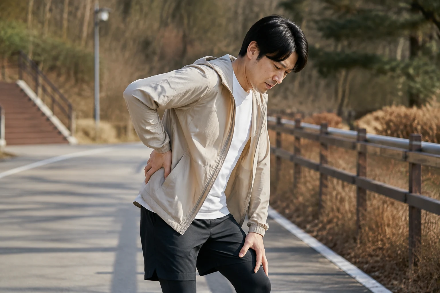 요추분리증 증상 때문에 일상 동작을 멈춘 한국인 환자의 생활 장면