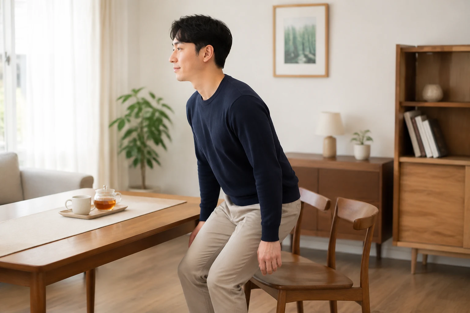 꼬리뼈통증 증상이 호전되어 일상 활동을 편안히 이어가는 한국인 환자의 생활 장면