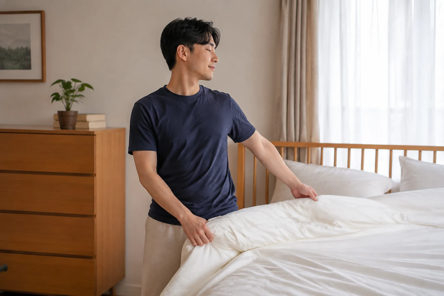 늑간근통증 증상이 호전되어 일상 활동을 편안히 이어가는 한국인 환자의 생활 장면