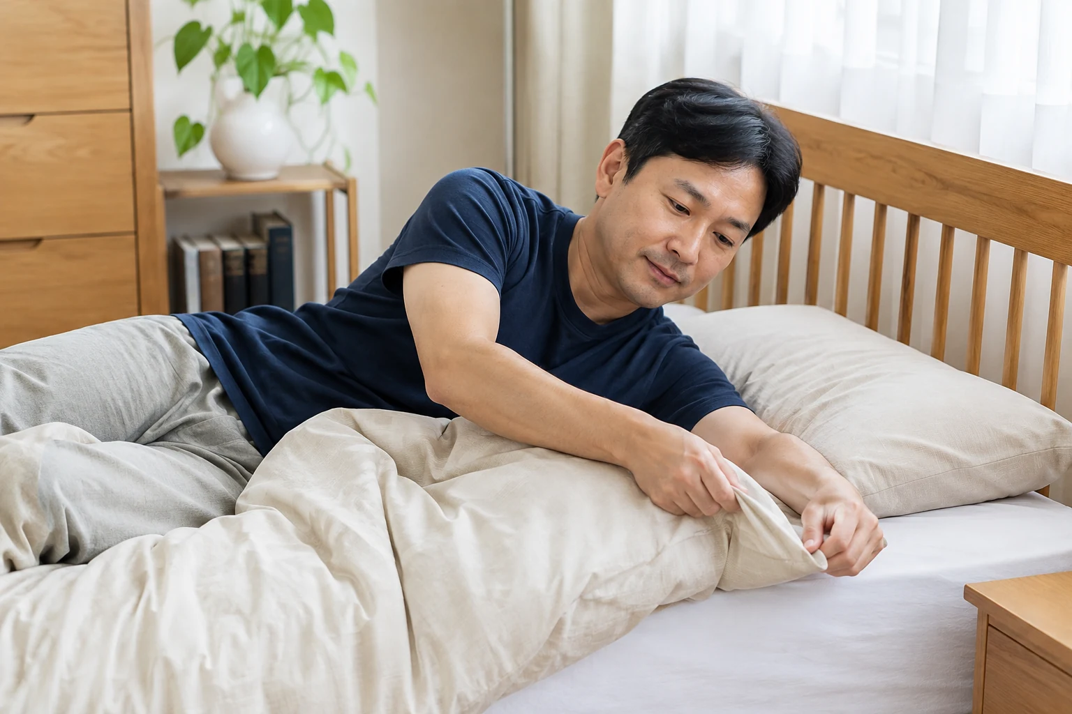 갈비뼈 골절 후 통증 증상이 호전되어 일상 활동을 편안히 이어가는 한국인 환자의 생활 장면