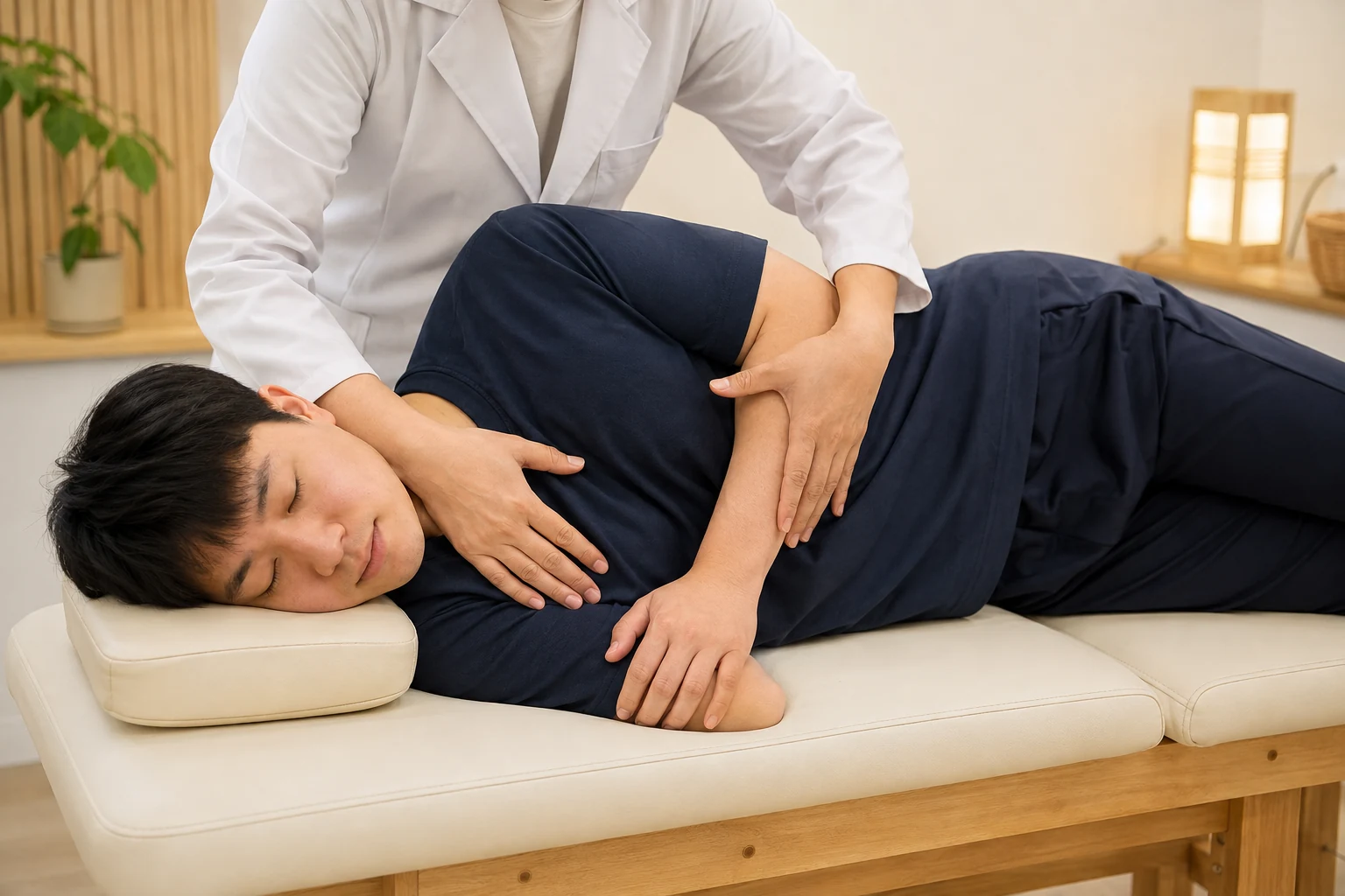 갈비뼈 통증 환자의 증상 부위를 실제로 치료하는 한국인 중심 한의원 임상 장면