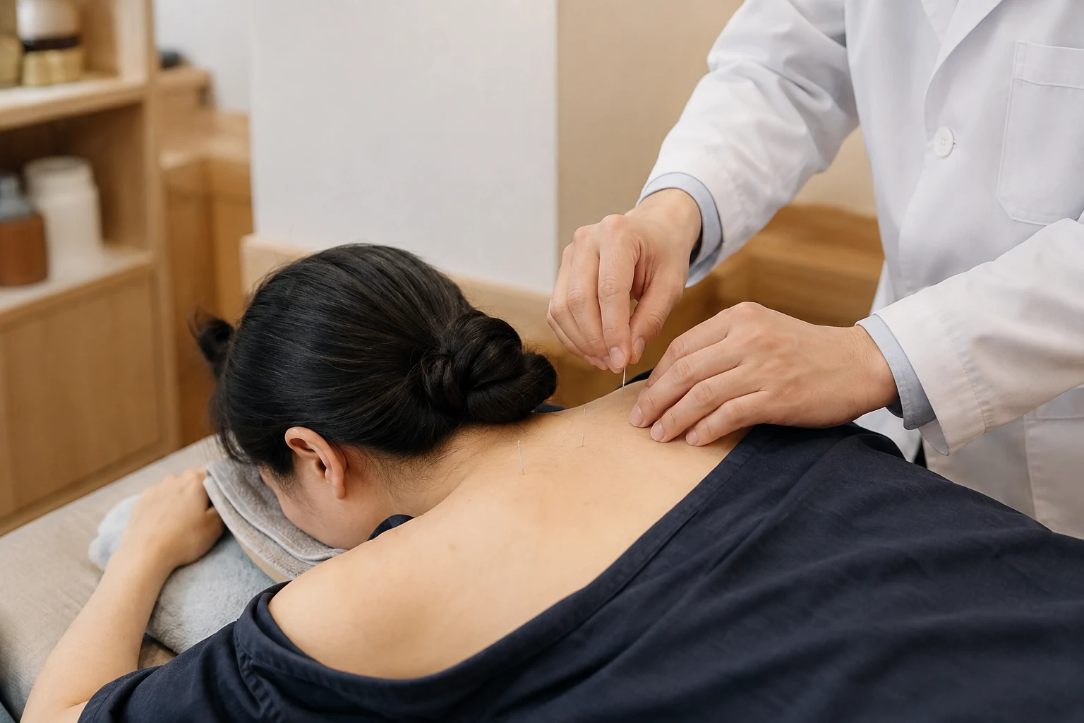상부승모근통증 환자의 증상 부위를 실제로 치료하는 한국인 중심 한의원 임상 장면