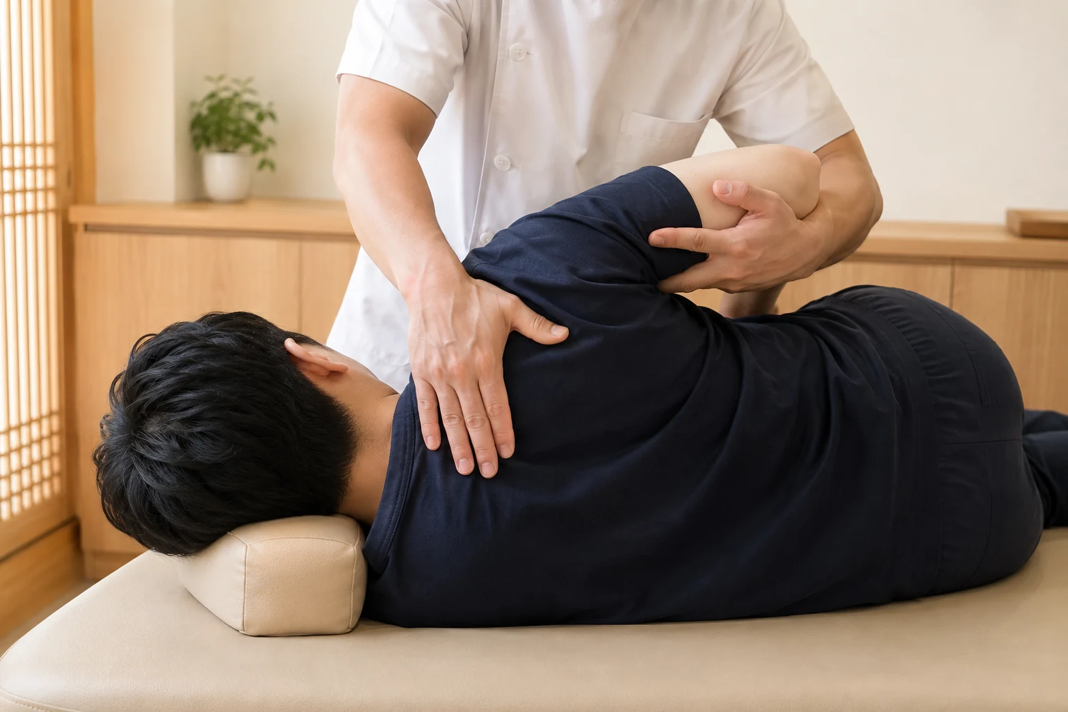 견갑골 통증 환자의 증상 부위를 실제로 치료하는 한국인 중심 한의원 임상 장면