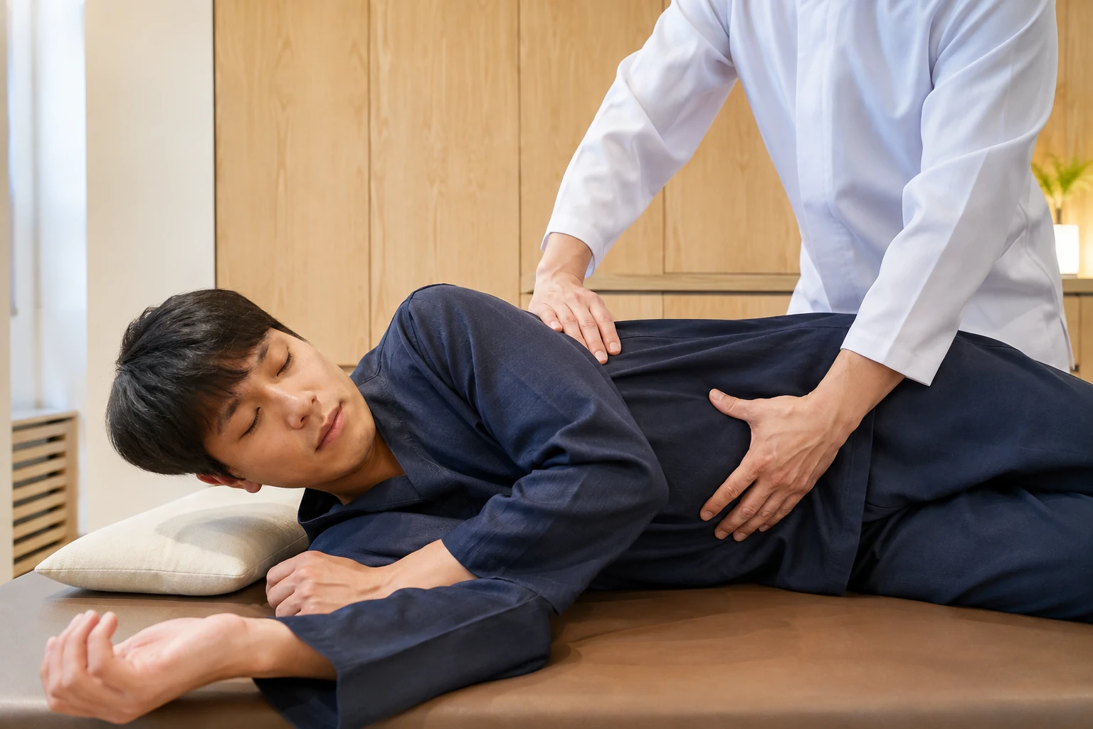 운동 후 옆구리통증 환자의 증상 부위를 실제로 치료하는 한국인 중심 한의원 임상 장면