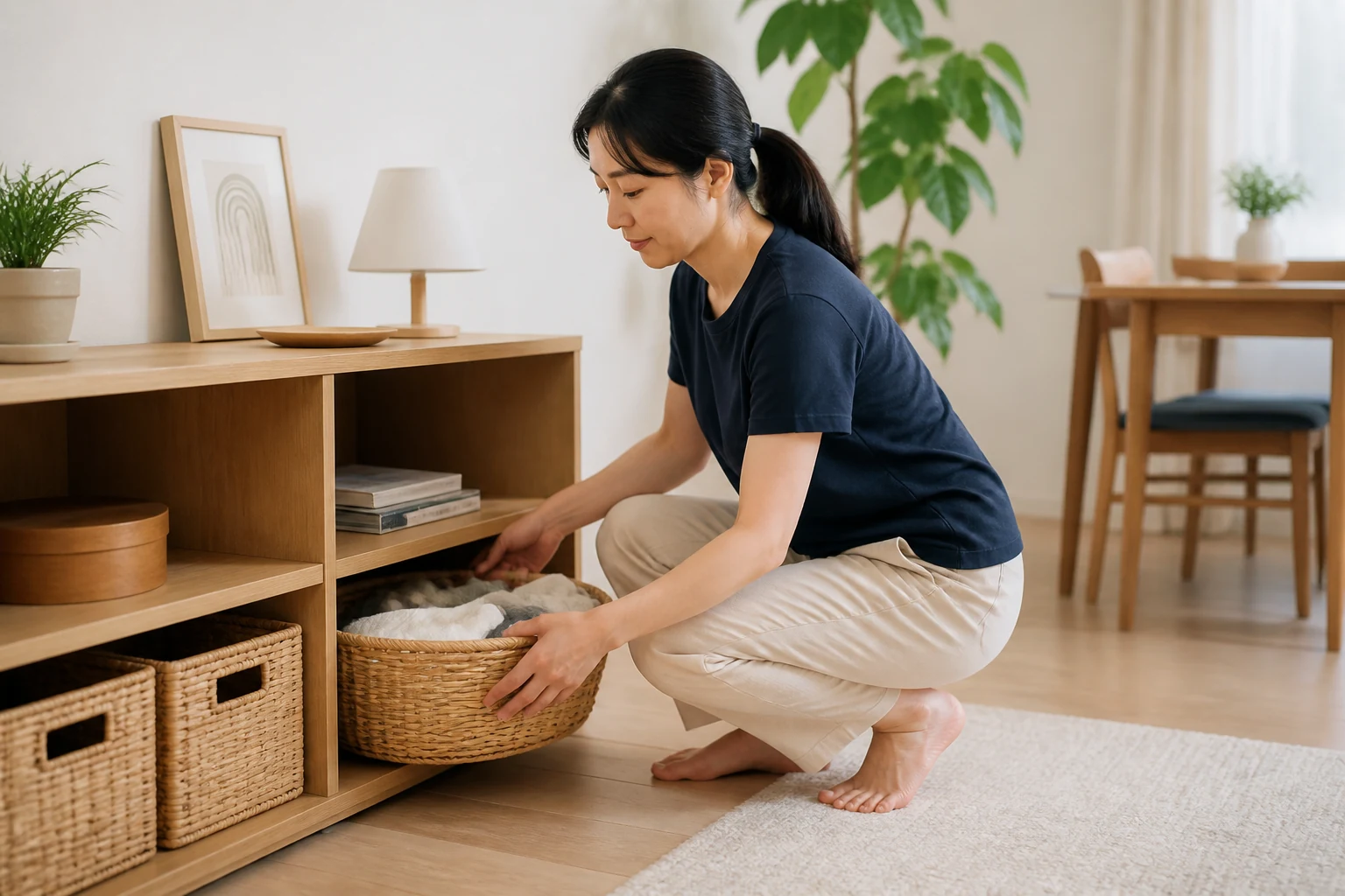 측복부 근막통증 증상이 호전되어 일상 활동을 편안히 이어가는 한국인 환자의 생활 장면