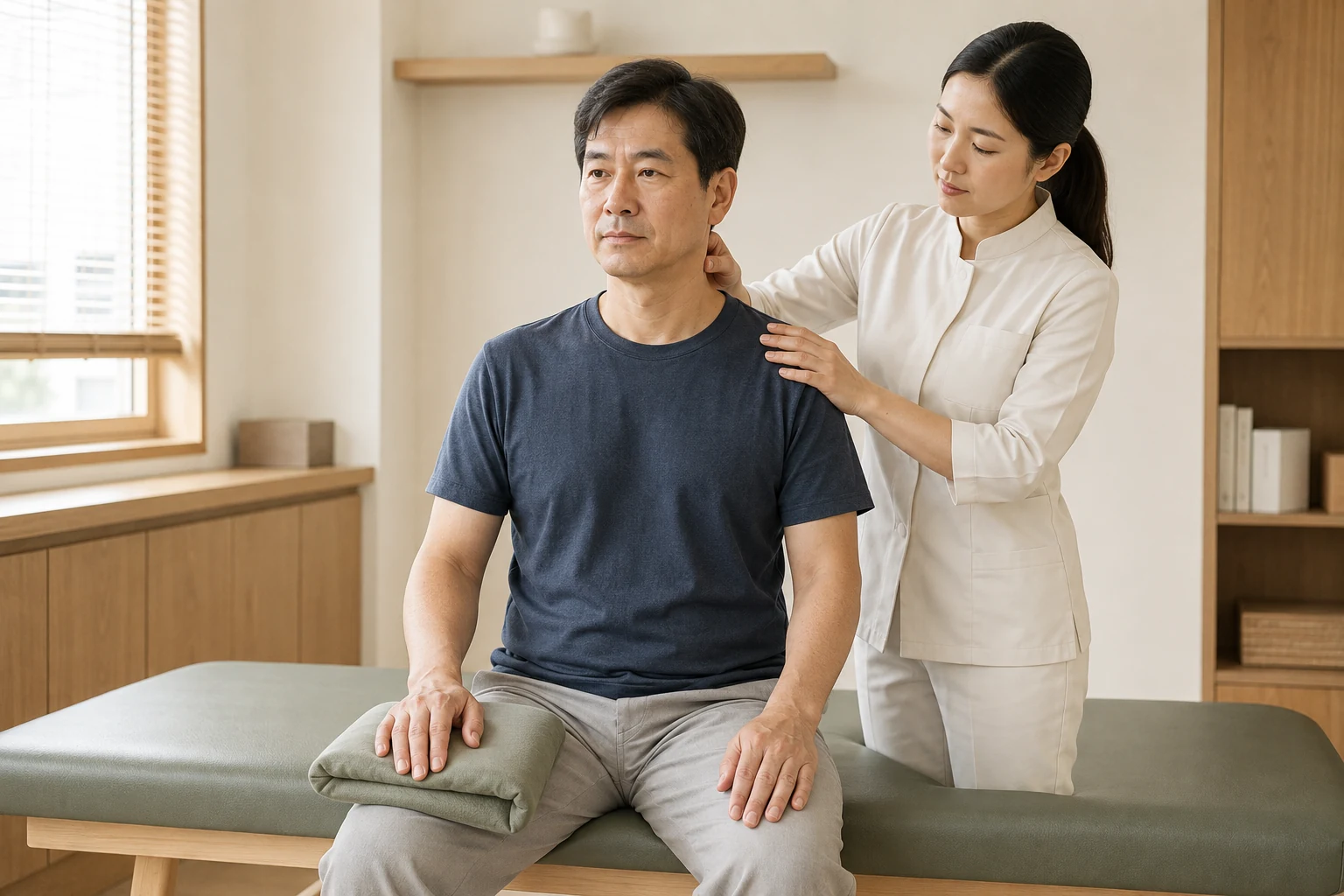 양팔을 각각 편안히 받친 한국인 경추성 팔통증 환자의 아래 목과 어깨를 살피는 한의 진찰 장면