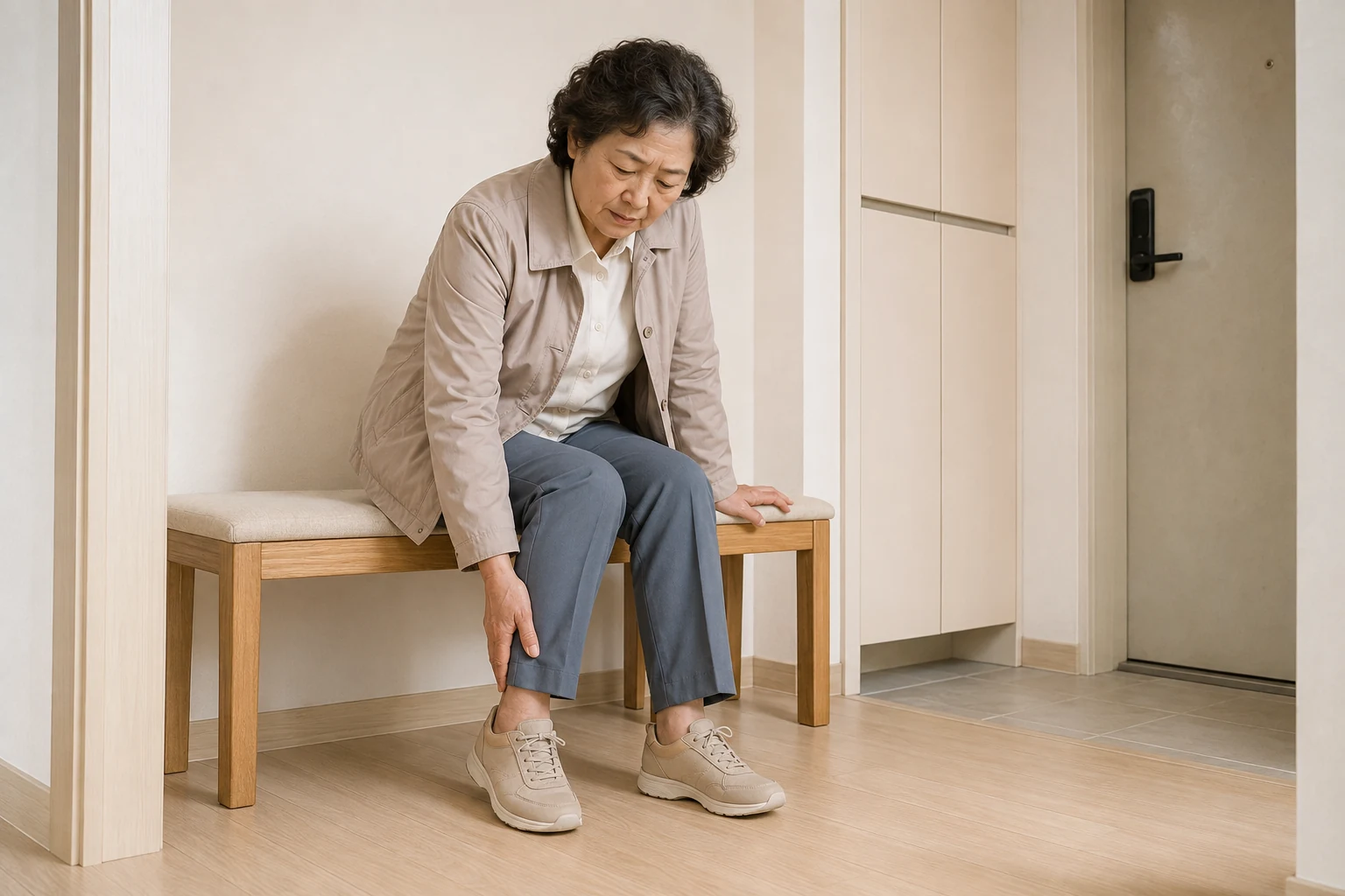 현관 벤치에 앉아 신발을 신은 채 발목 위쪽을 짚고 있는 여성