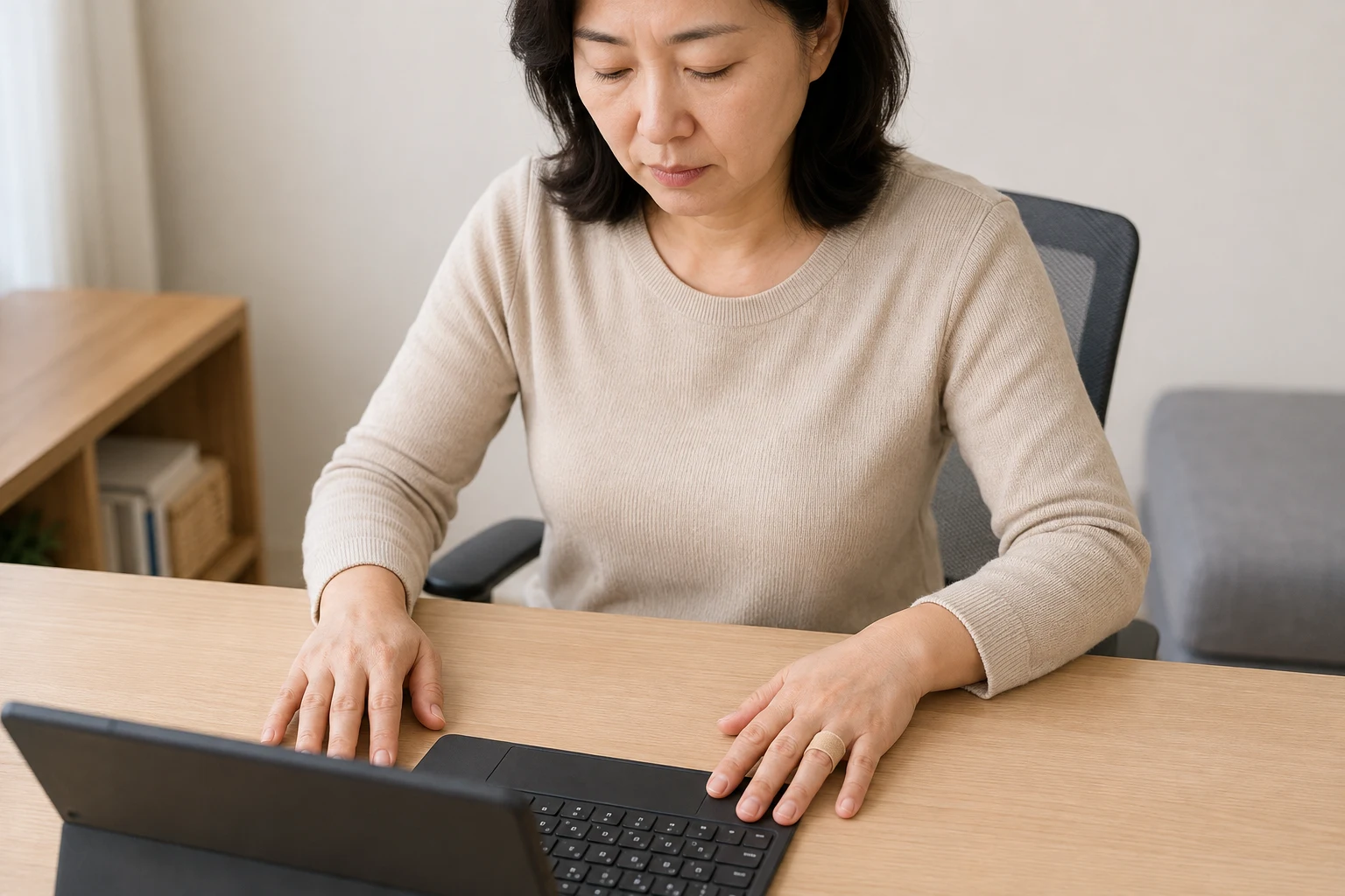 타이핑을 멈추고 가운데손가락 PIP 관절에 얇은 지지대를 한 한국인 여성의 생활 장면