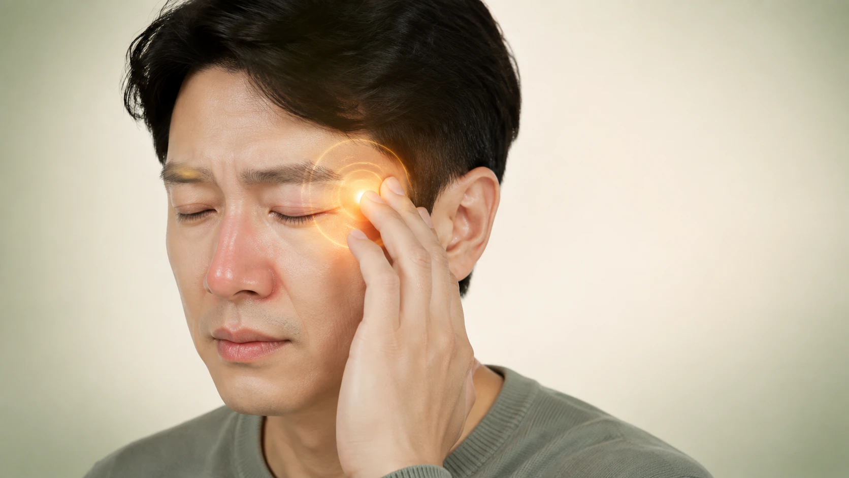 한국인 남성이 한쪽 눈가와 관자놀이를 짚고 은은한 금빛 통증 신호를 보이는 군발두통 이미지