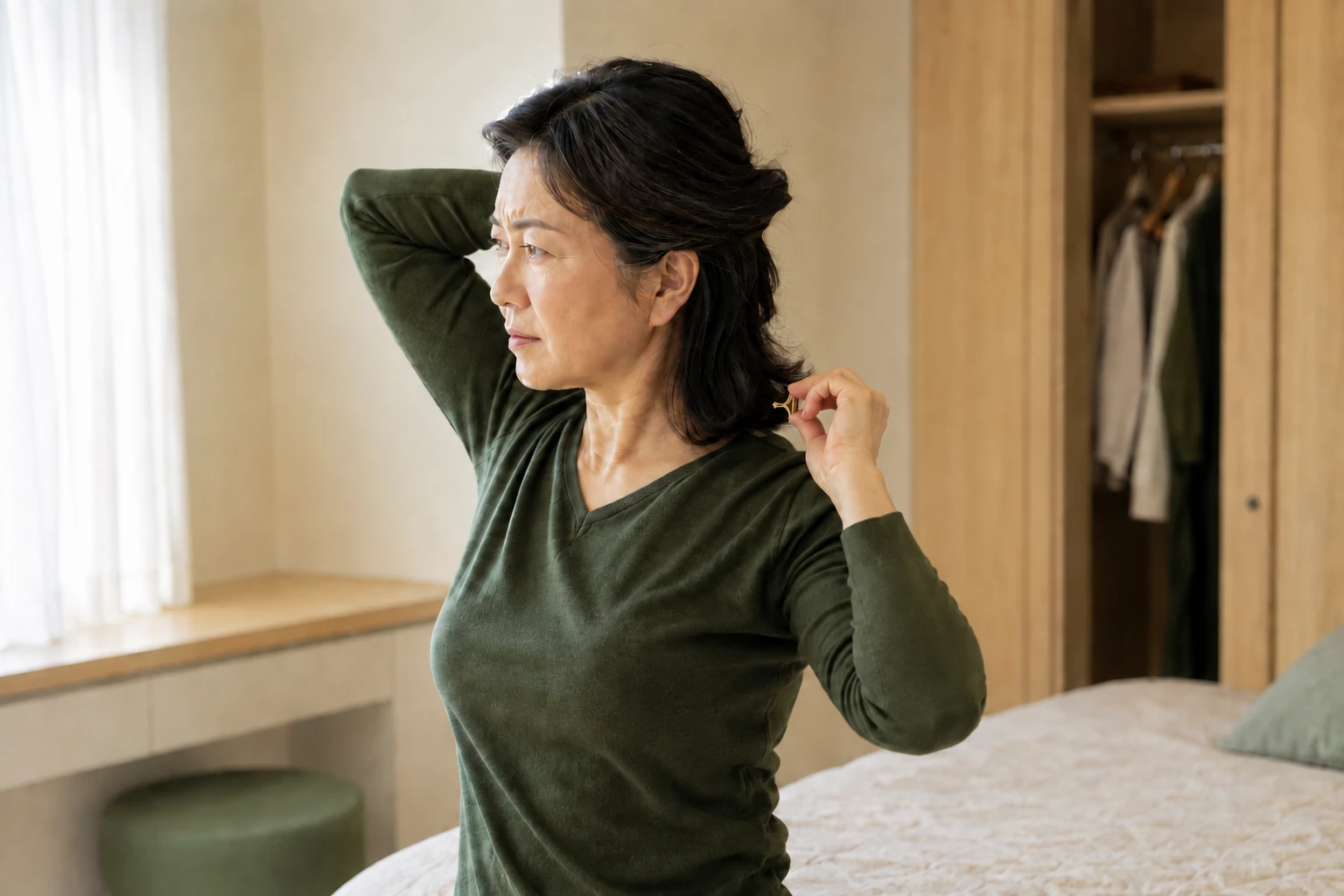 머리를 묶으려 한쪽 팔을 뒤로 올리지 못해 목 옆에서 멈춘 한국인 50대 오십견 환자의 아침 생활 모습