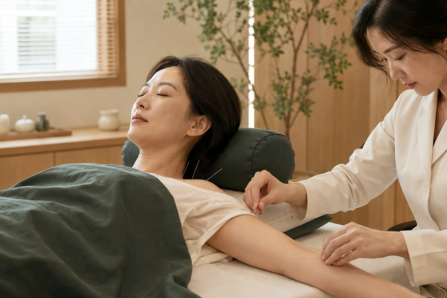 편두통 환자의 목과 팔에 침치료를 시행하는 한국인 환자 중심의 한의원 임상 장면