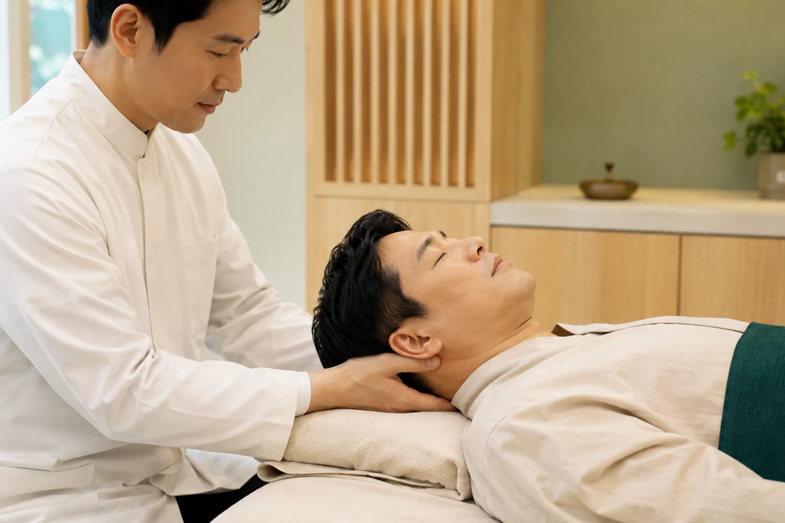 긴장성두통 환자의 뒤통수와 목을 편안하게 받쳐 저강도 추나치료를 시행하는 한국인 중심 임상 장면
