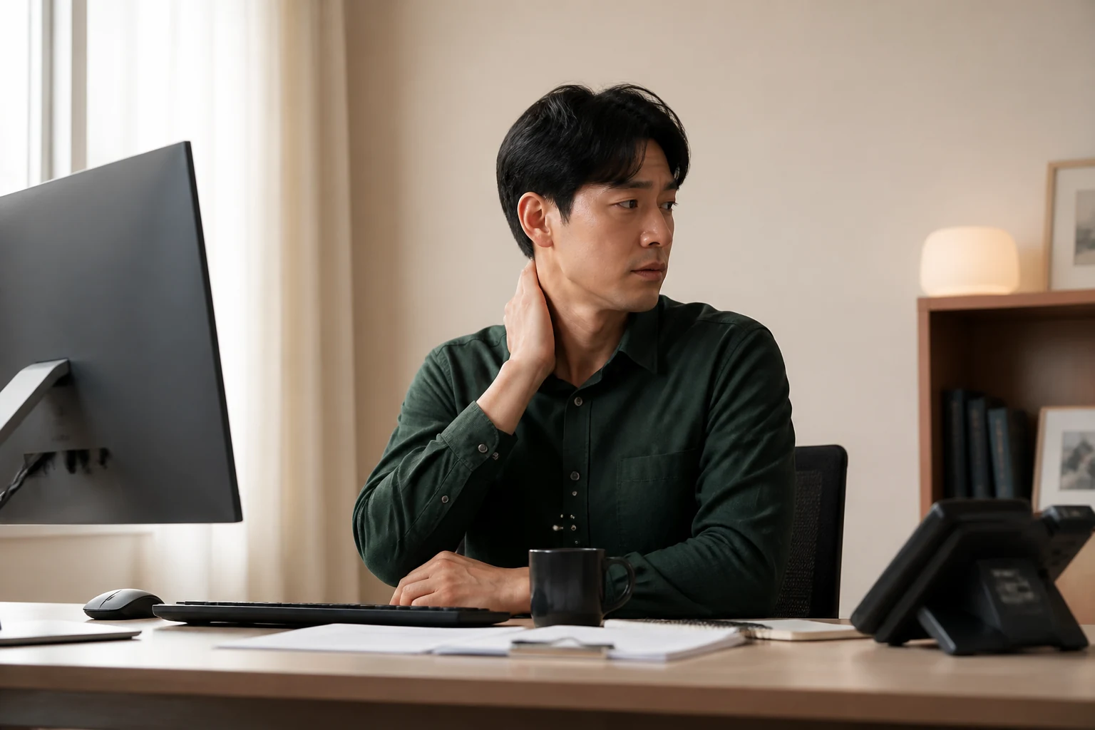 목 통증으로 업무 중 화면을 보다가 목을 짚고 고개 돌리기를 멈춘 환자