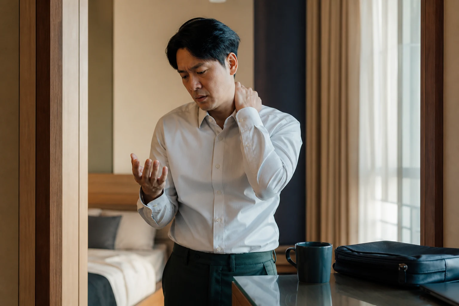셔츠 차림의 남성이 한 손으로 목을 짚고 다른 손을 바라보는 모습