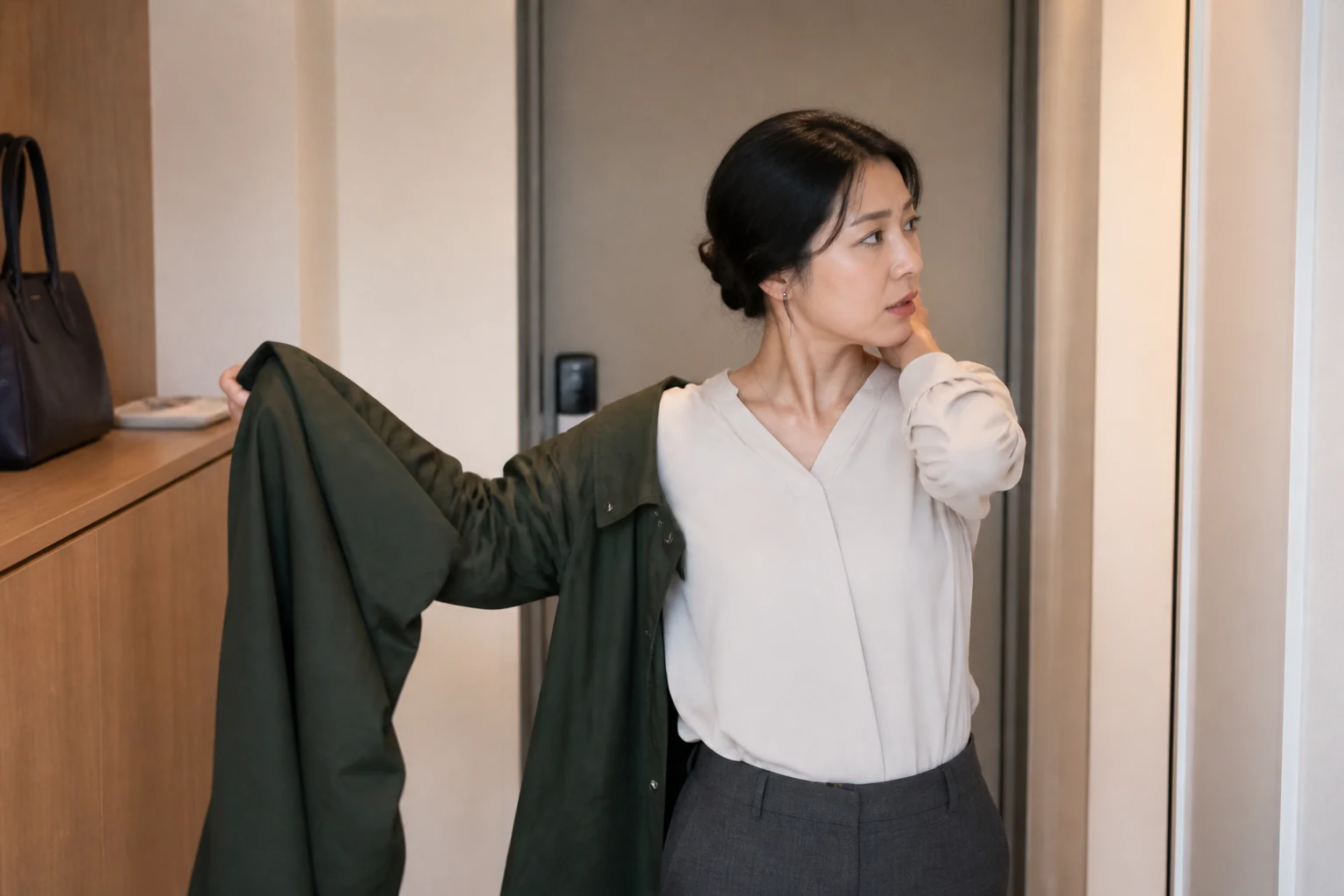 경추염좌로 외출 전 재킷을 입다가 목과 어깨가 뻣뻣해 동작을 멈춘 환자
