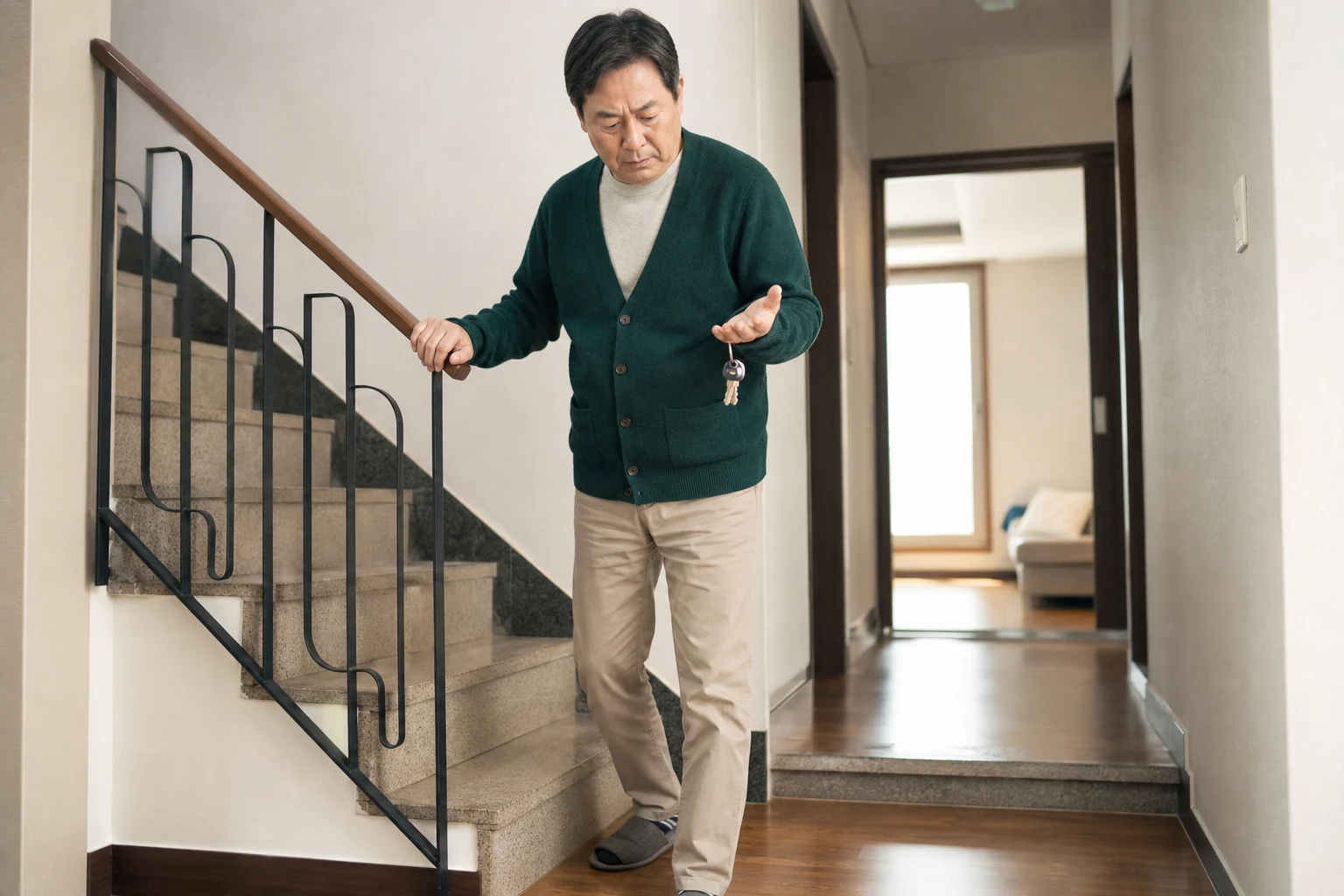 경추협착증으로 계단 앞에서 열쇠를 떨어뜨릴까 걱정하며 난간을 잡은 환자