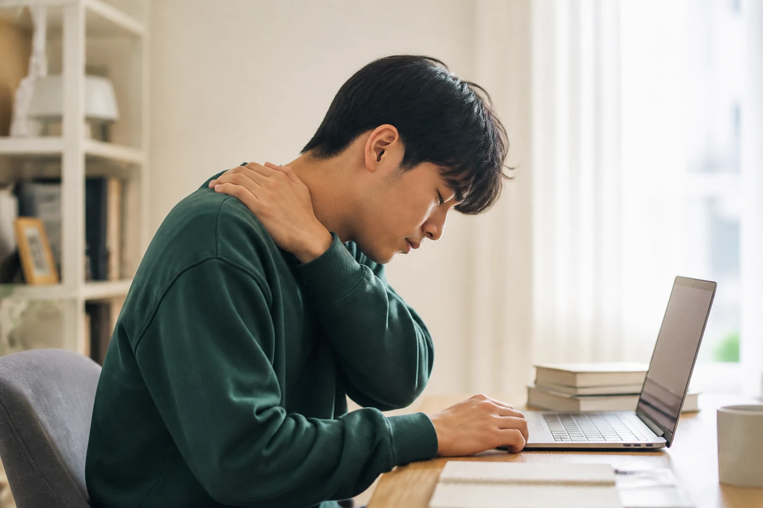 거북목으로 노트북 업무를 하다 목과 어깨 피로 때문에 손을 멈춘 환자