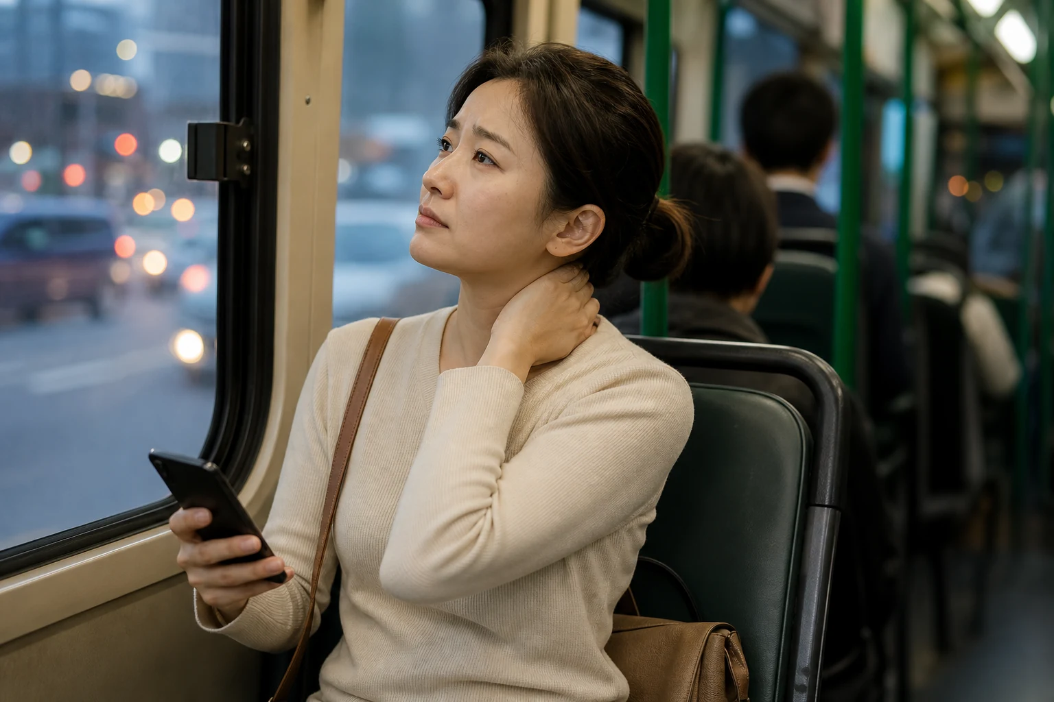 일자목으로 퇴근길 버스에서 오래 앉은 뒤 뻣뻣한 목을 짚는 환자