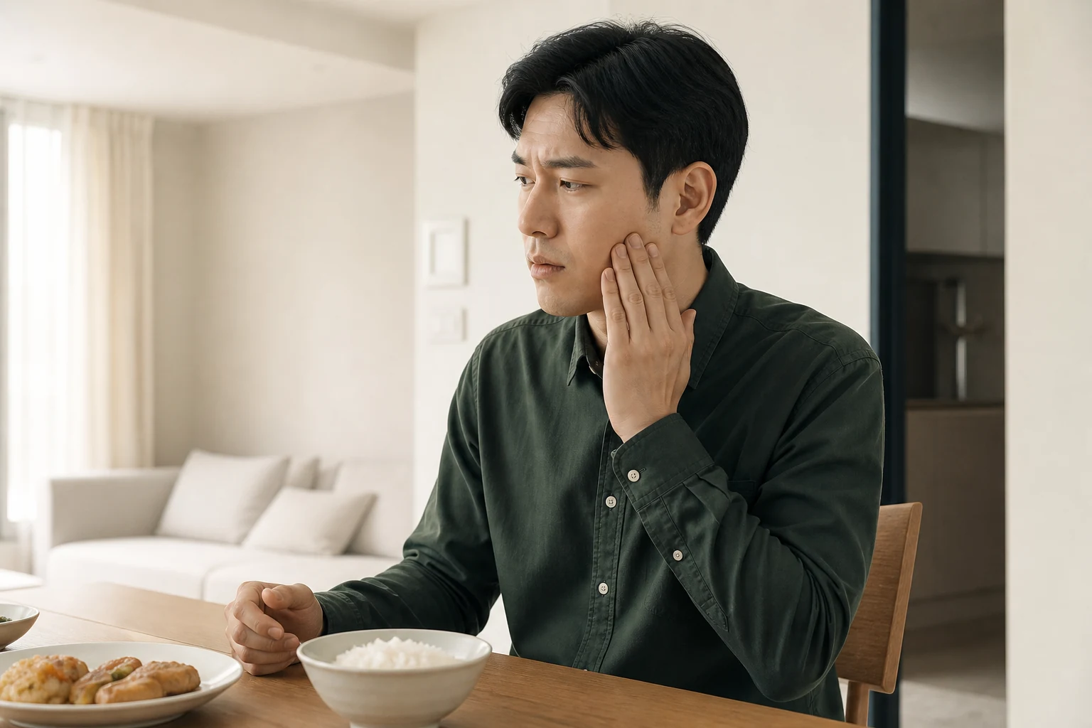 광대통증으로 식사 중 씹다가 한쪽 광대를 짚고 멈춘 환자