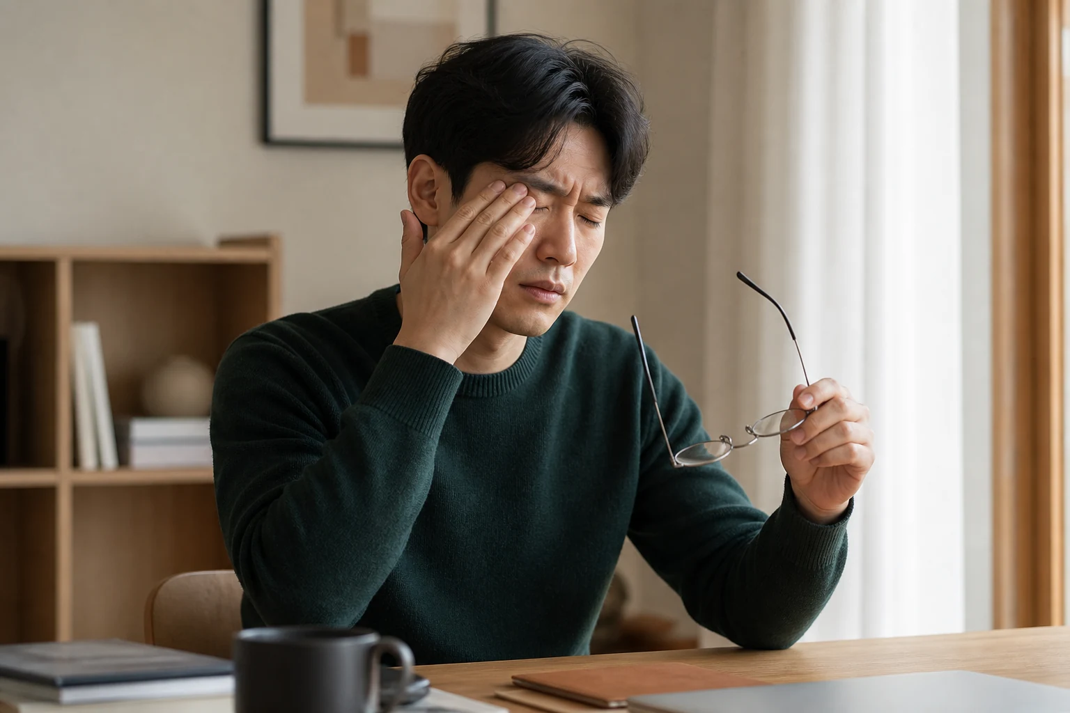 눈주위통증으로 컴퓨터 업무 중 눈가를 짚고 화면 보기를 멈춘 환자