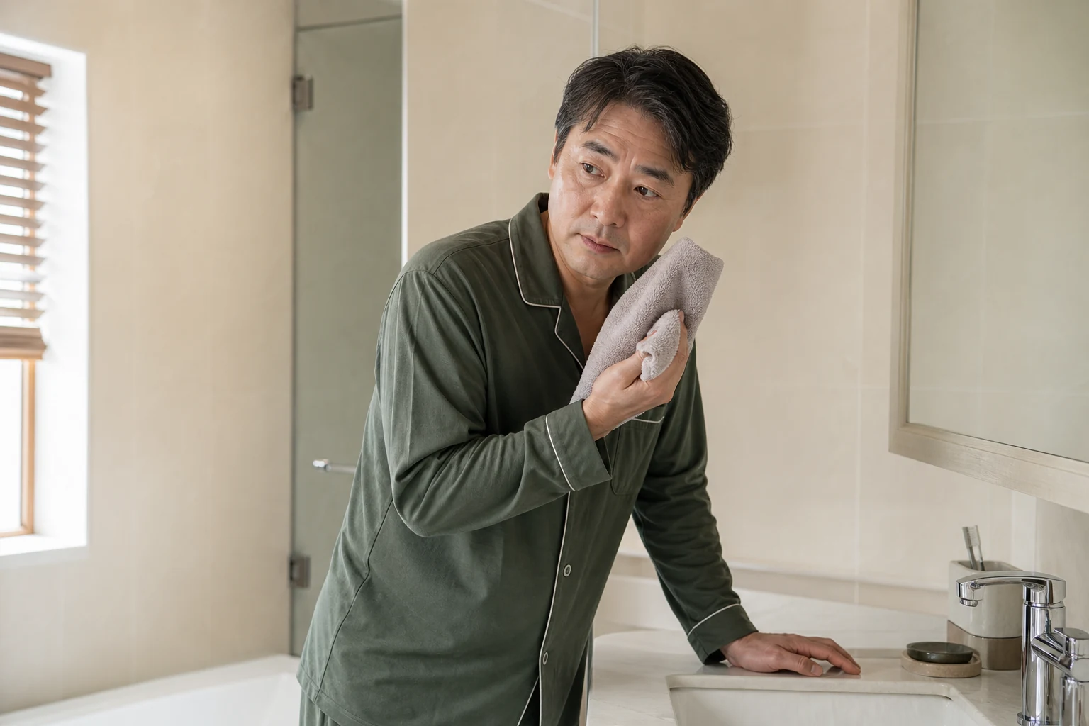 삼차신경통으로 세수하다 얼굴이 찌릿하게 아파 수건을 든 채 멈춘 환자