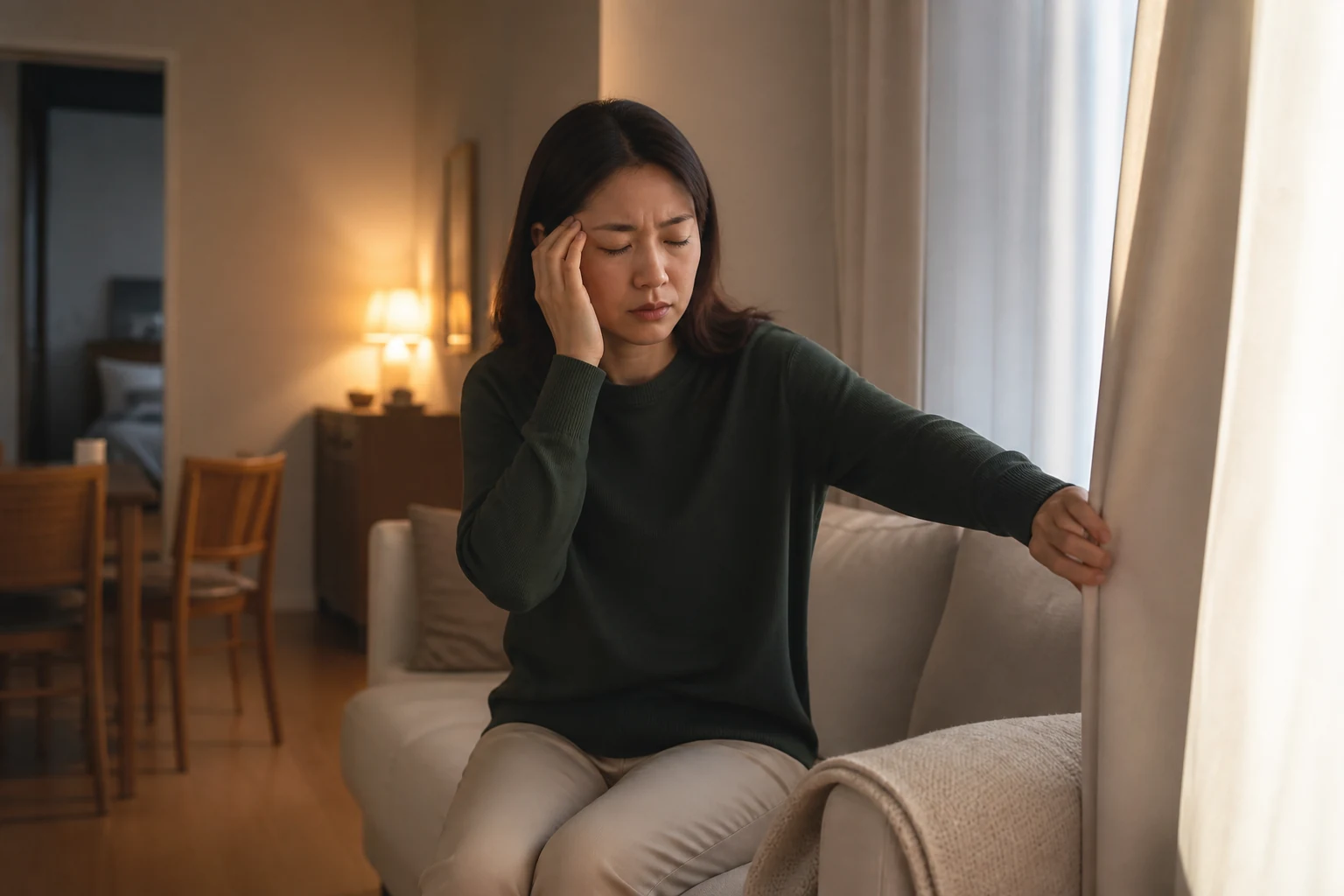 편두통으로 거실에서 빛을 피하며 관자놀이를 짚고 일정을 걱정하는 환자