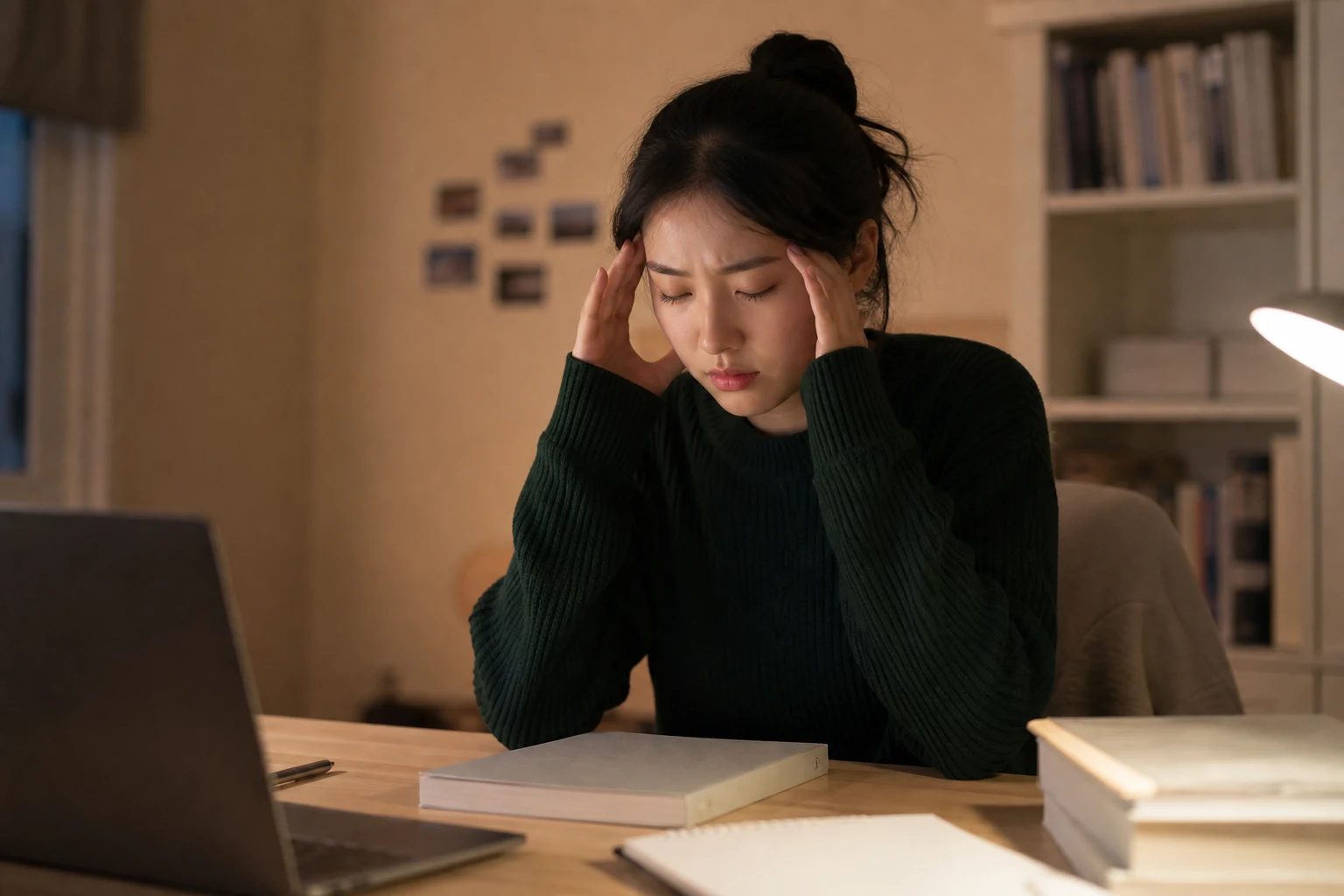 긴장성두통으로 공부하다 양쪽 관자놀이를 짚고 책 읽기를 멈춘 환자