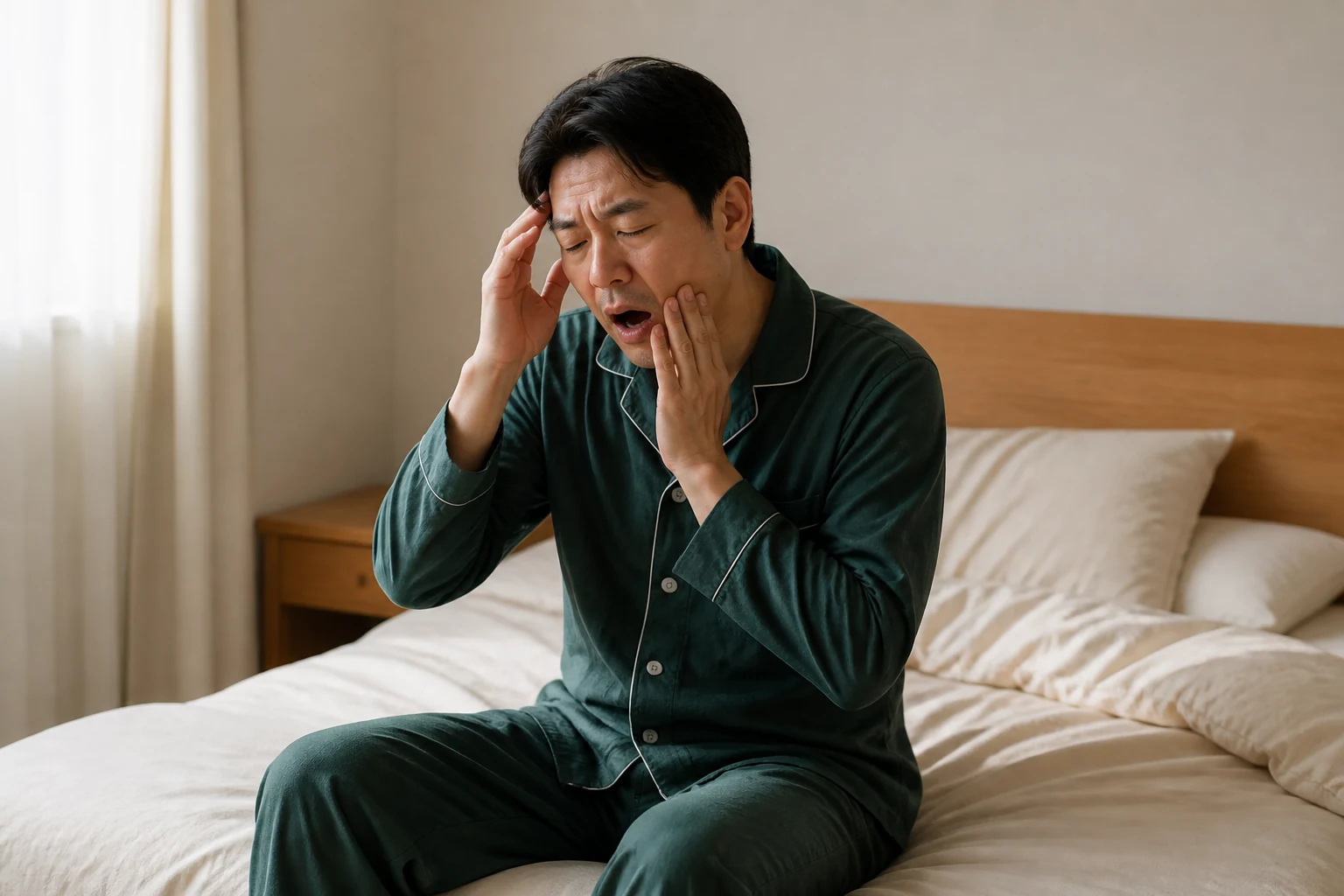 이갈이와 이악물기로 아침에 턱이 아파 침대에서 입을 벌리기 힘들어하는 환자