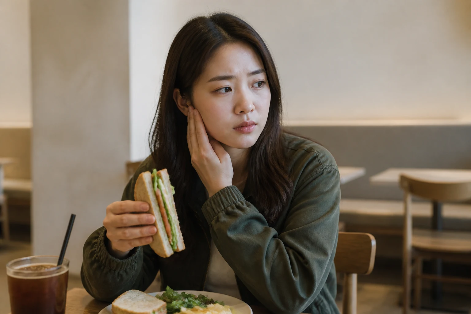 개구장애로 카페에서 샌드위치를 먹으려다 입 벌리기가 어려워 멈춘 환자