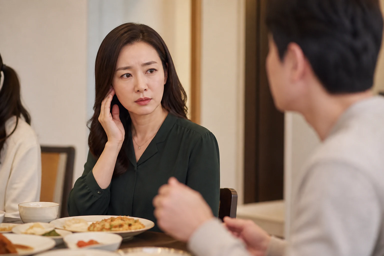 턱관절 통증으로 식사와 대화 중 턱을 짚고 씹기를 멈춘 환자