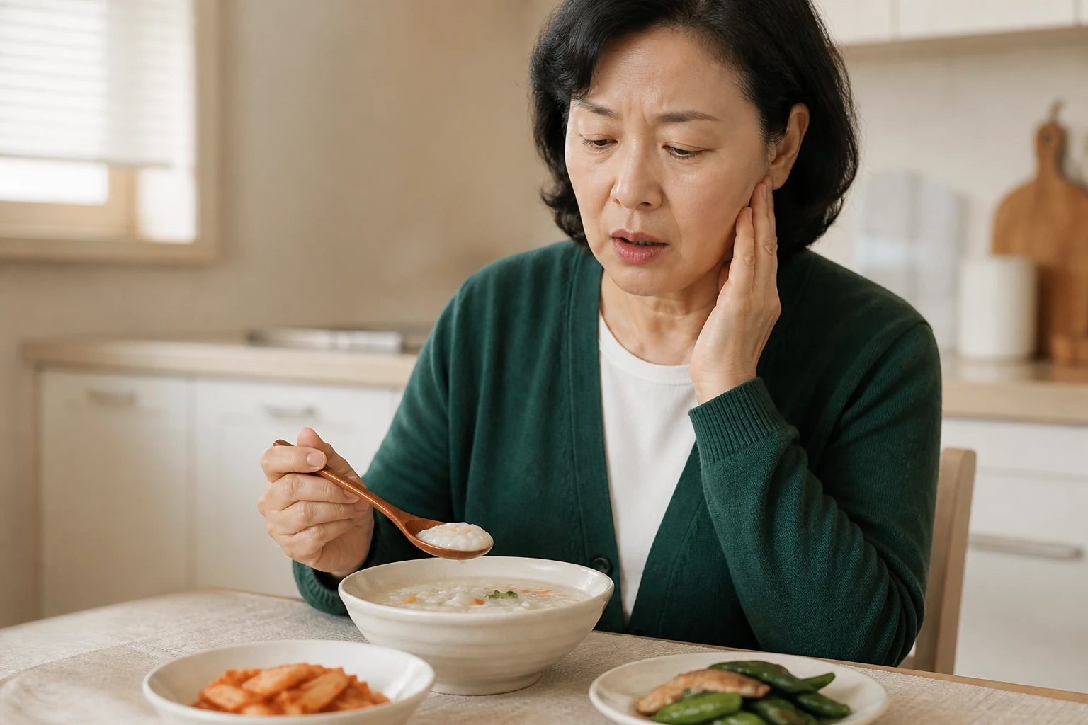 턱관절염으로 아침 식사 중 턱이 아파 단단한 반찬 대신 죽을 고르는 환자