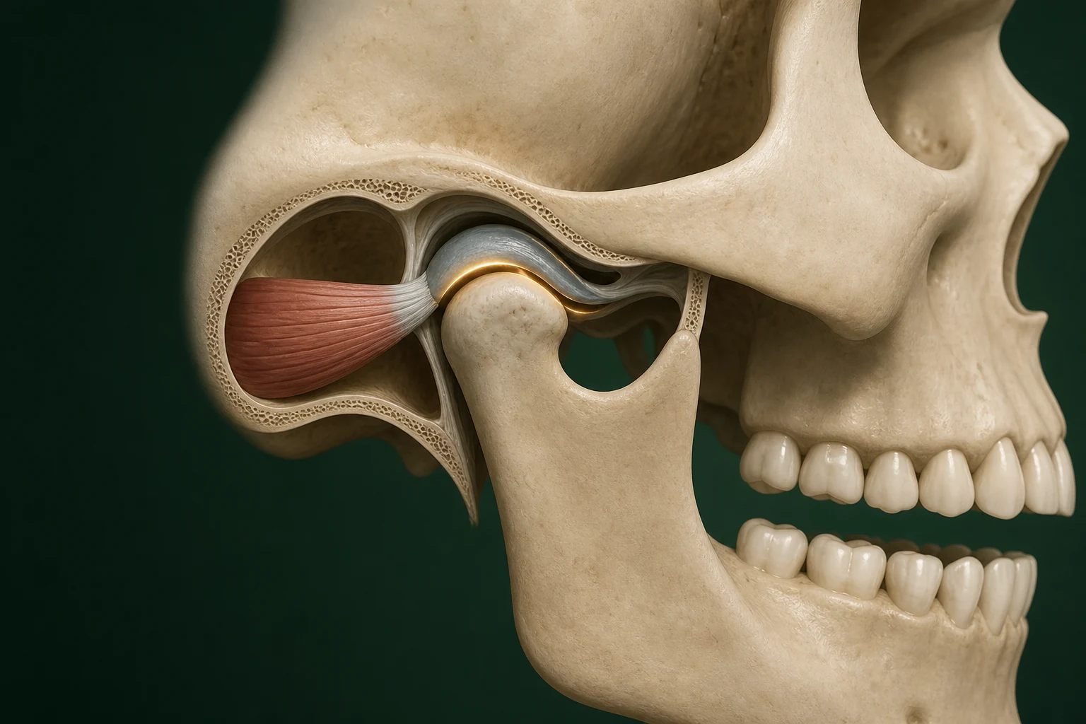 턱관절 원판과 아래턱뼈 머리가 입 벌림에 맞춰 움직이는 관계를 보여 주는 의료 3D 이미지