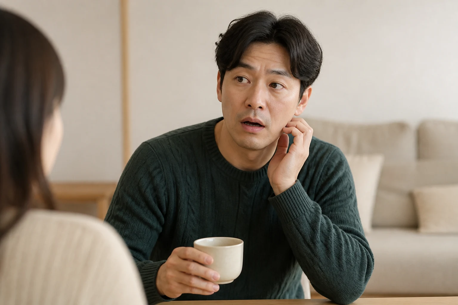 턱관절잡음으로 대화 중 턱 소리가 신경 쓰여 말을 멈추고 턱을 짚는 환자