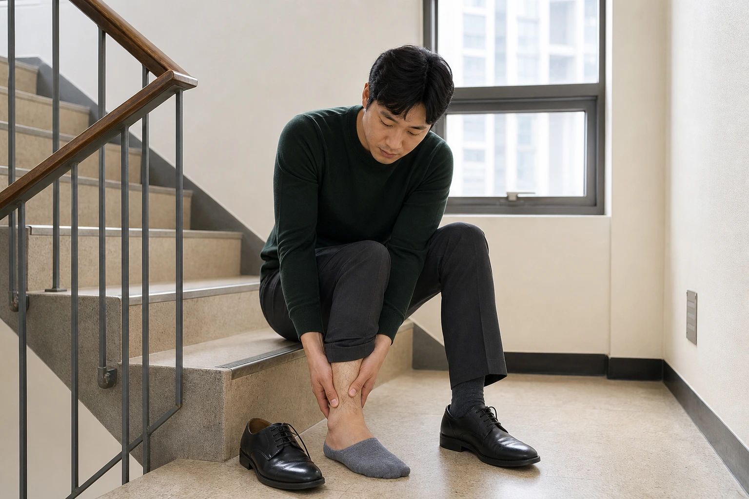 발목 통증으로 계단을 내려가다 발목을 짚고 걸음을 멈춘 환자