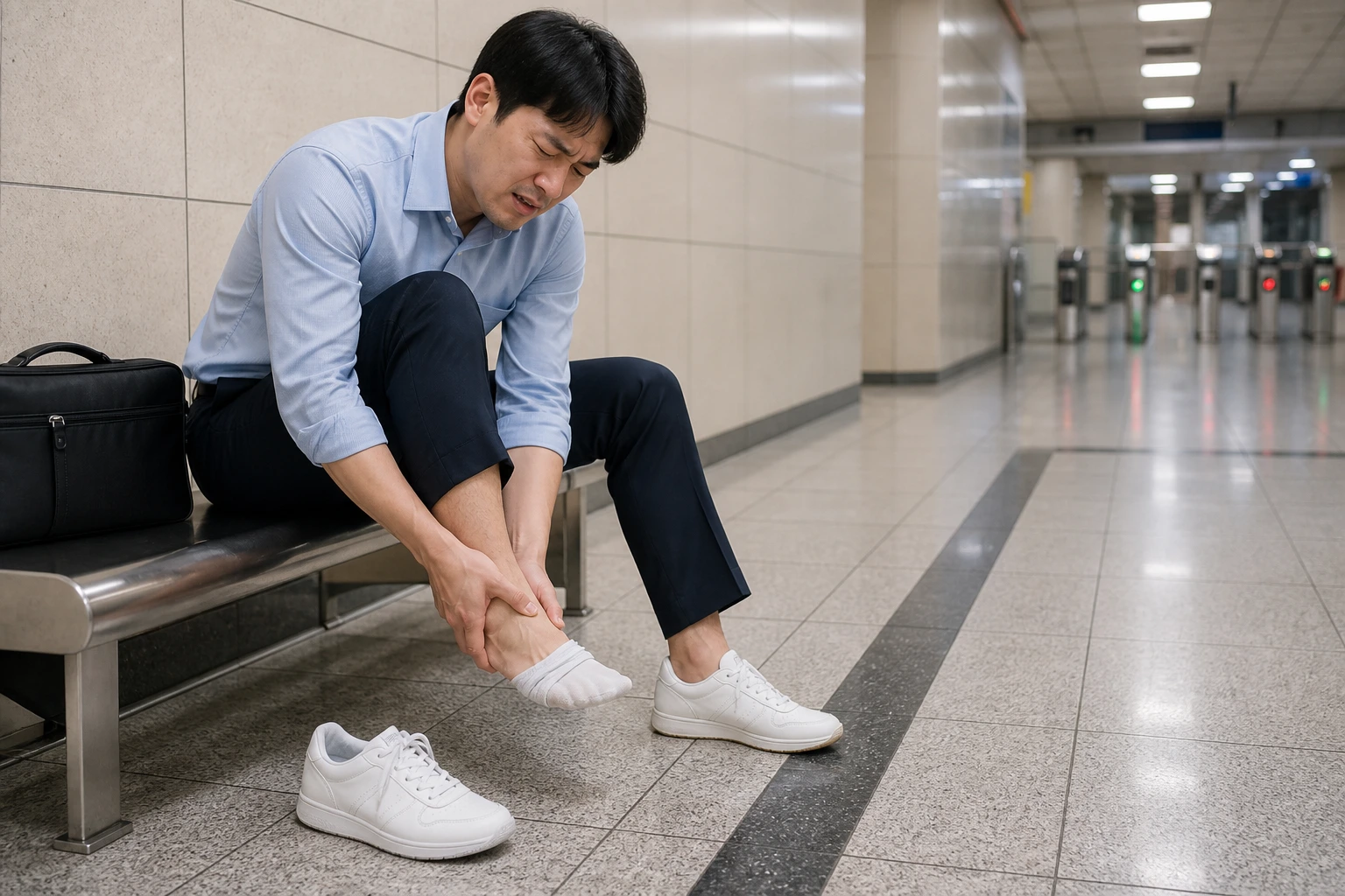 지하철역 벤치에 앉아 신발을 벗고 발목을 짚는 남성