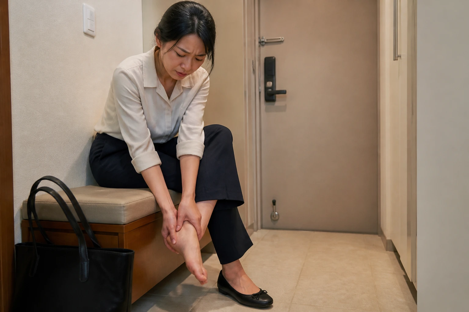 현관 의자에 앉아 한쪽 신발을 벗은 뒤 발목 주변을 두 손으로 감싸는 여성