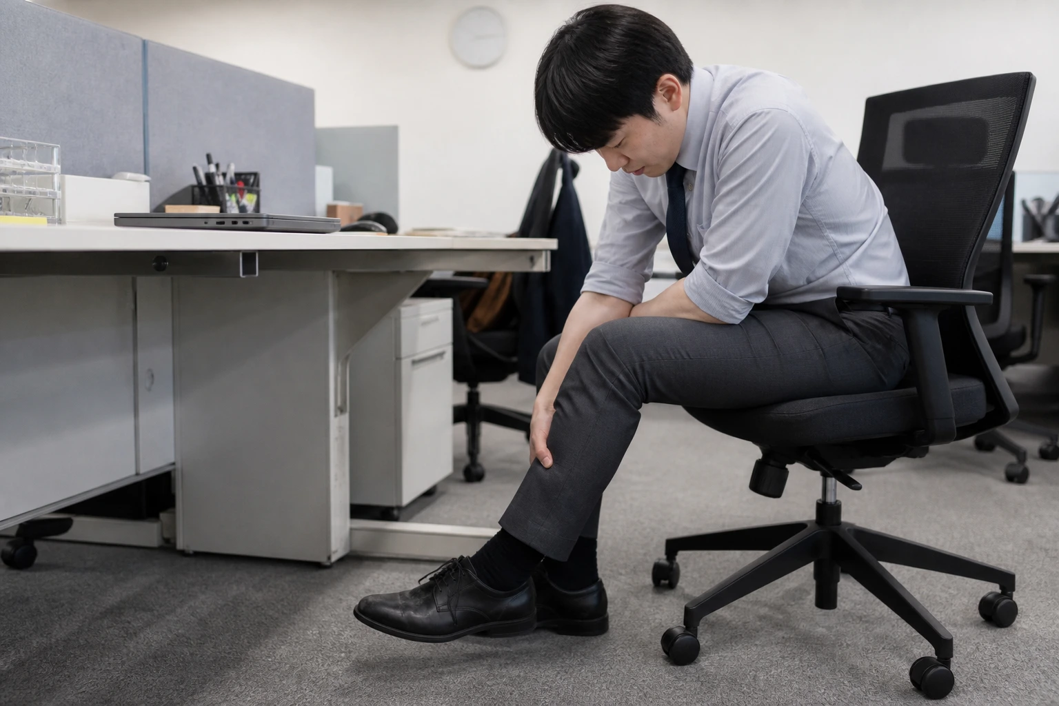 종아리 통증으로 사무실 업무 중 종아리가 당겨 의자에 앉아 다리를 짚는 환자