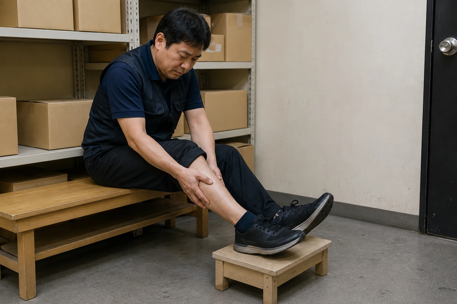 작업 공간에서 발을 낮은 받침에 올리고 종아리를 감싸 쥔 성인
