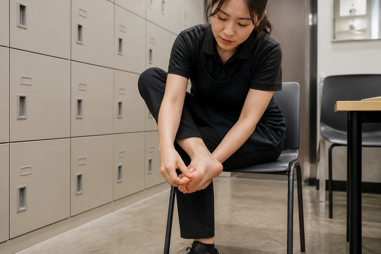중족골통으로 외출 중 발 앞쪽이 아파 신발을 벗고 발을 짚는 환자