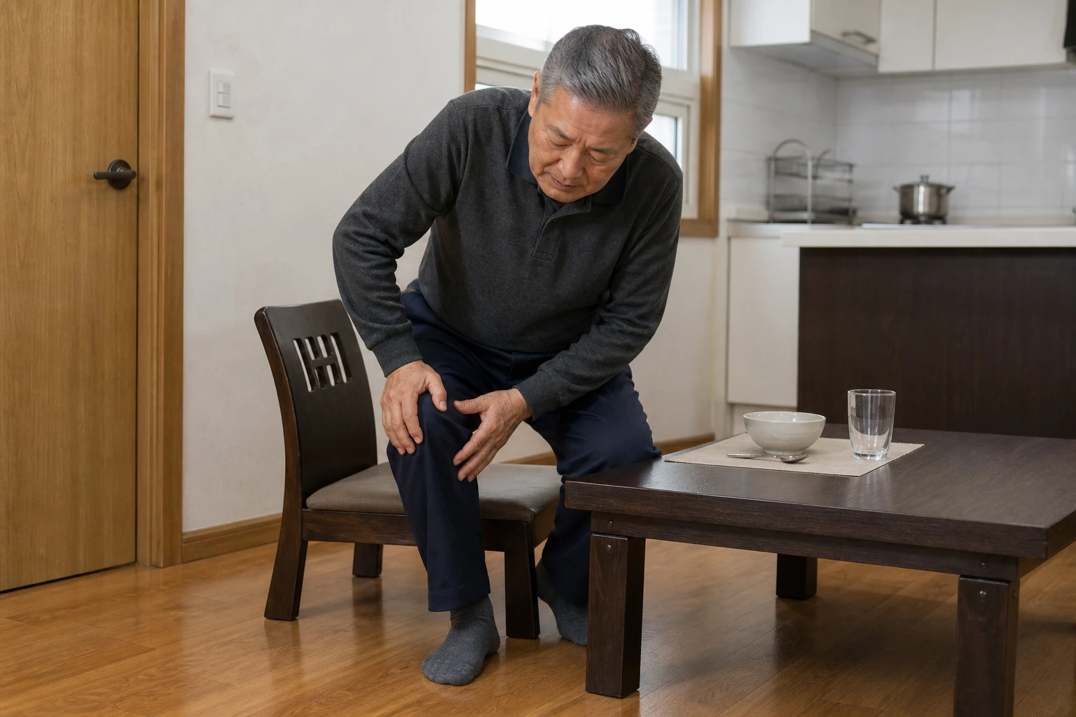 무릎 통증으로 식탁에서 일어서다 무릎이 아파 의자에 다시 앉은 환자