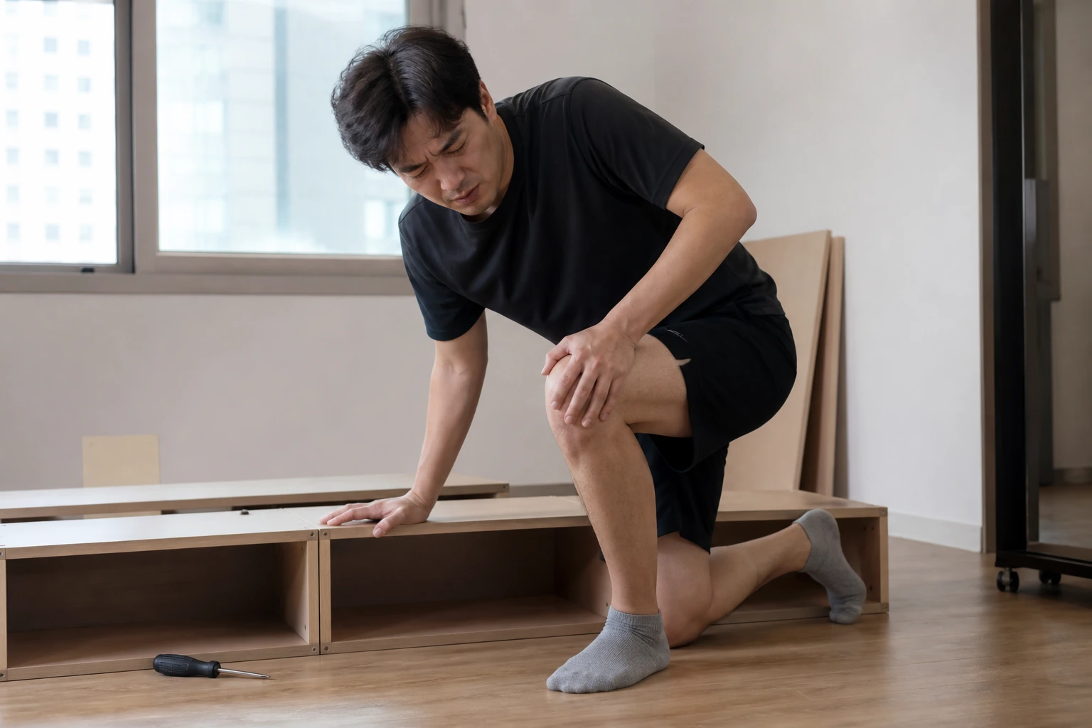 무릎점액낭염으로 바닥에 무릎을 대고 작업하다 통증 때문에 일어나 쉬는 환자