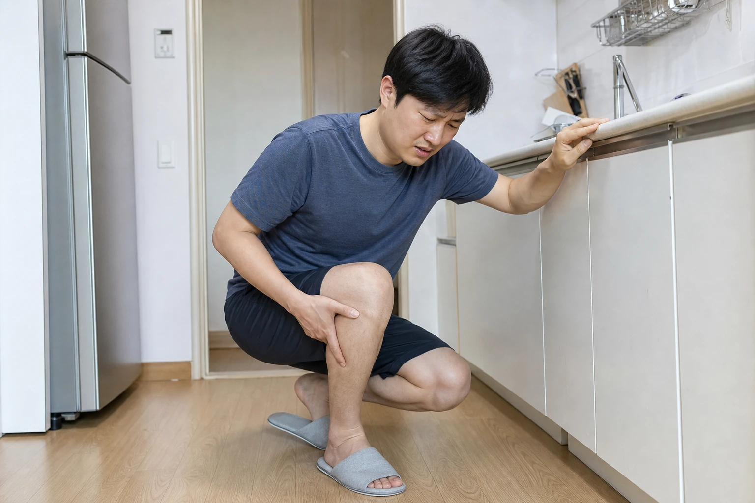 반월상연골손상으로 낮은 찬장 앞에 쪼그려 앉다가 무릎이 아파 멈춘 환자